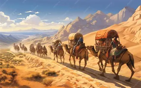 A caravan of camels with packed saddles travels through a sunlit desert with orange dunes and distant mountains in view on the horizon.